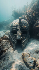 Sunken Ancient Helmet Rests on Soft Sand Amidst Seaweed in a Clear Underwater Setting, Showcasing Minimalist Elegance and History