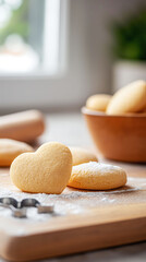 Heart-shaped Cookies on Rustic Wooden Surface Surrounded by Flour and Baking Tools in Soft Natural Light