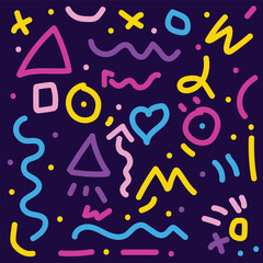 Trendy Memphis geometric pattern with colorful abstract doodles on dark background. Retro 80s vibe.