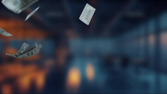 An artistic image depicting flying banknotes in a modern office setting, symbolizing wealth and financial prosperity amidst a blurred urban background. MZL