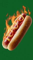 Flaming hot dog with ketchup and mustard on green background