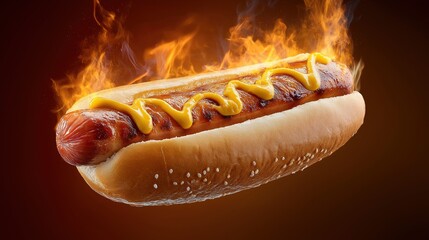 Flaming grilled hot dog with mustard on a bun against dark background