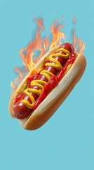 Flaming hot dog with mustard and ketchup on light blue background