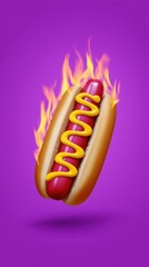 Fiery hot dog with mustard and flames on vibrant purple background