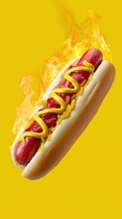 Hot dog with mustard and ketchup on fire with yellow background