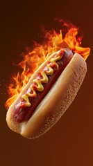 Spicy flaming hot dog with mustard and ketchup on a sesame bun