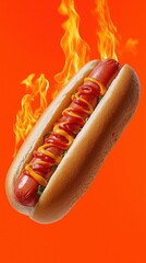 Flaming hot dog with mustard and ketchup on red background