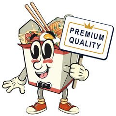cute chinese noodles box mascot cartoon vector a sign that says premium quality, kawaii ramen takeout character with chopsticks, isolated food illustration asian cuisine design, work of hand drawn