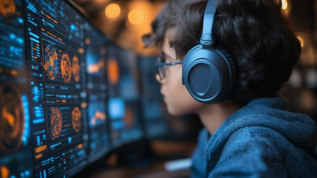 Young boy with curly hair coding at computer with futuristic interface, neon blue and orange tones, focused expression, video background for STEM education, kids in tech, digital learning content