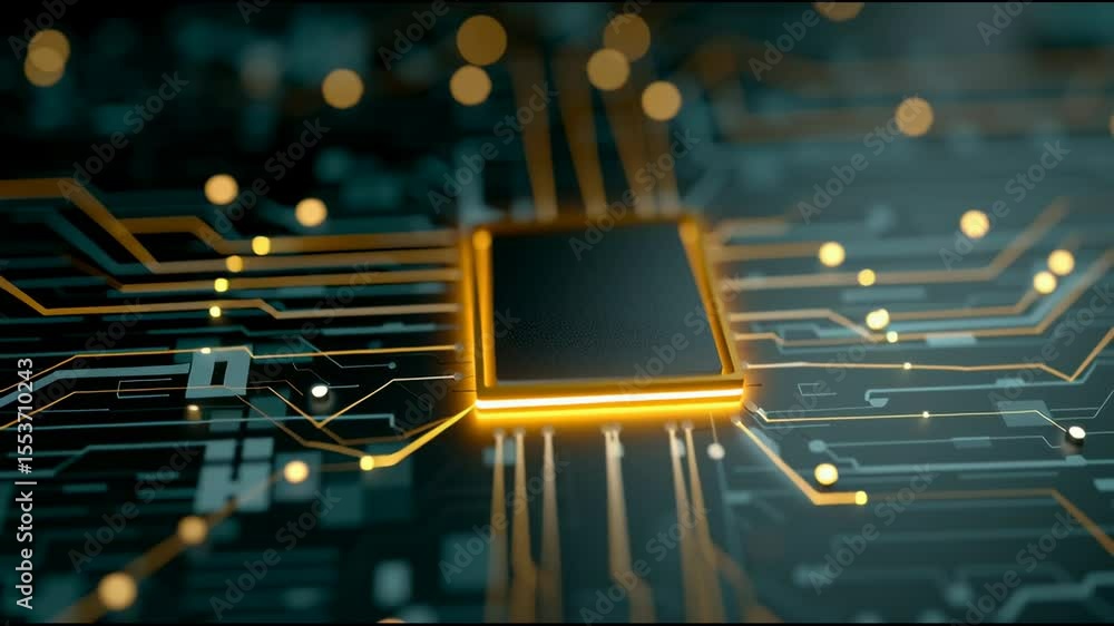 Poster abstract glowing microchip circuit board background with connected lines, data flow, futuristic desi