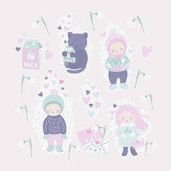 A set of romantic illustrations for Valentine's Day featuring funny cute cartoon characters in love - a girl, a boy, and a cat - spring story in a soft color palette.