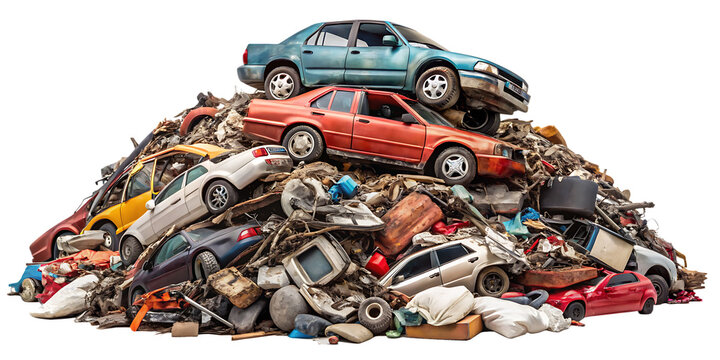 Pile of discarded cars and scrap metal debris in various colors isolated on a transparent background