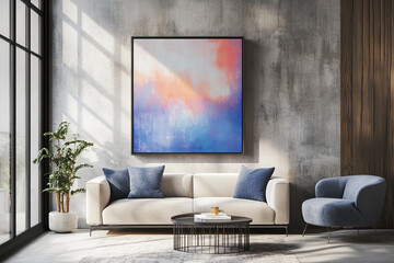 Floating frame mockup on concrete wall in industrial loft-style living room for modern art