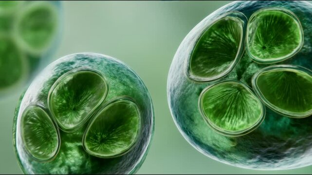Microscopic parasitic spore cysts on a blurry green background; 3D medical visualization of organic forms; science education, pathology and