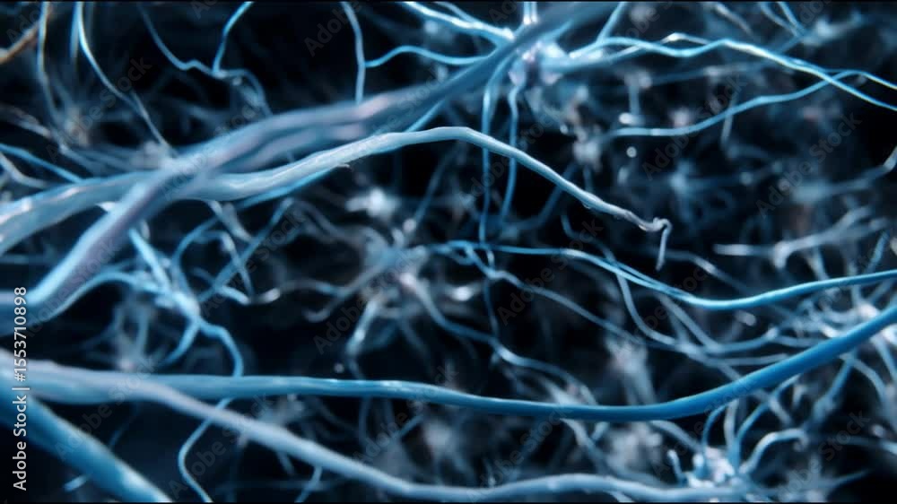 Poster abstract blue nerve cell network: close-up 3d render with intricate branching structure, science, bi