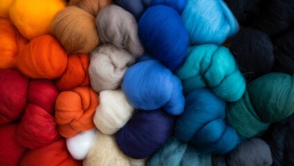 A vibrant and colorful assortment of fluffy wool roving arranged in a gradient from warm reds and oranges to cool blues and greens perfect for crafting and textile arts