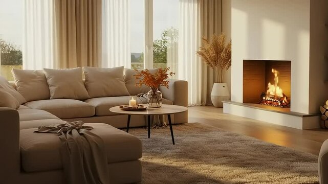 Cozy autumn living room fireplace.
