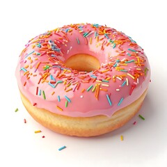 Delicious pink frosted donut decorated with colorful sprinkles isolated on a white background
