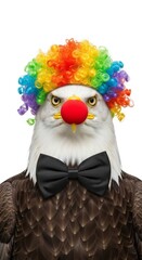 Obraz premium A bald eagle dressed as a clown with a colorful wig, red nose, and bow tie. Humorous and surreal animal portrait on white background