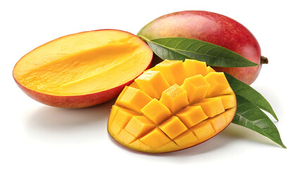 Ripe Mango Fruit Cut in Half with Cubed Portion and Green Leaves