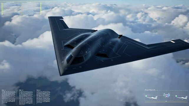 Stealth Bomber B2 Spirit Flying Above Clouds Aerial View Modern Military Aircraft Aviation