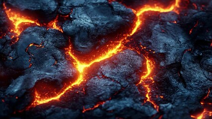 Molten lava flow revealing cracks and glowing embers in a volcanic landscape during twilight - Powered by Adobe