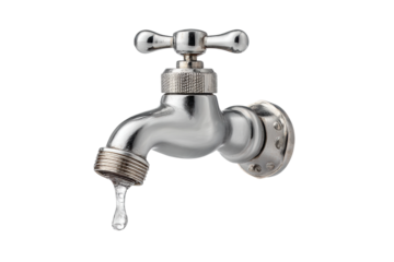 PNG Chrome water faucet with dripping water drop on black background