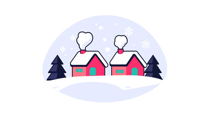 Whimsical Winter Scene Featuring Two Cozy Houses and Snowflakes