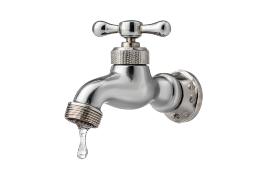 PNG Chrome water faucet with dripping water drop on black background