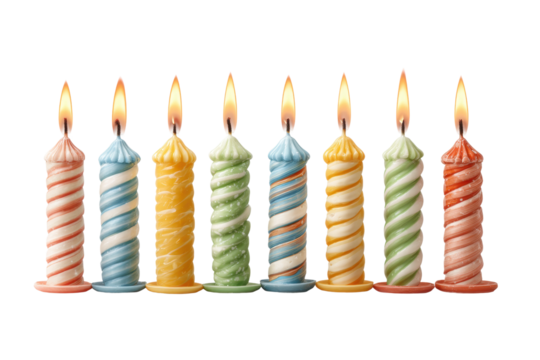 PNG Colorful twisted candles with flames in rainbow order