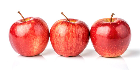 Three Red Apples with Stems on White Background fruit
