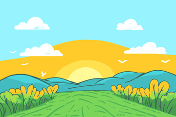 Obraz premium Cartoon landscape with stylized sun, clouds, hills, and birds in a vibrant scene.