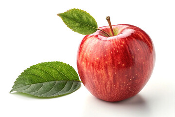 Single Red Apple with Green Leaves on White Background Studio Shot