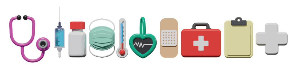 Obraz premium flat design medical icons set – stethoscope, syringe, heart monitor, bandage, mask, medicine bottle, first aid kit, healthcare tools 