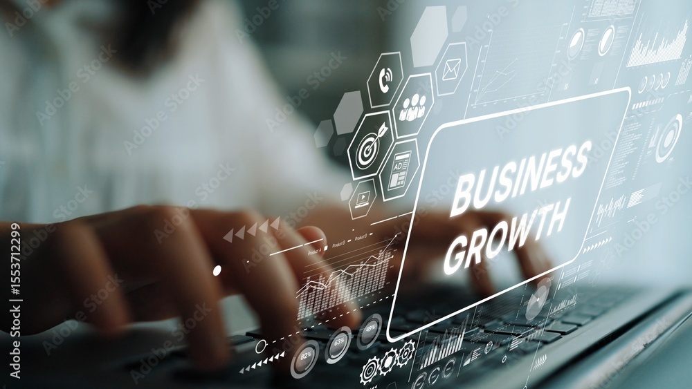 Poster business growth concept with digital technology and data analysis on computer keyboard in modern off