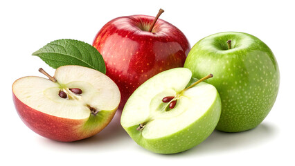 Red and Green Apples with Slices and Leaf on White Background