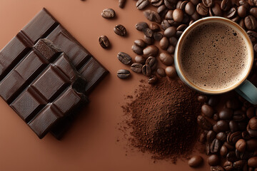 top view of chocolate bar coffee cup roasted beans and cocoa powder on brown background rich and aromatic food concept perfect for dessert beverage or cafe advertising design