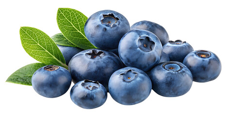 Pile of ripe blue blueberries with green leaves on black background A I G E N E R A T E D P N G isolated on a transparent background