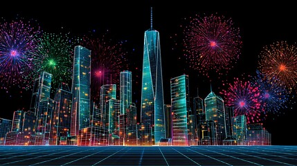 Illustration showcases a dynamic skyline energized by a fireworks show, where bright explosions contrast dramatically against the dark sky, evoking excitement and grandeur.