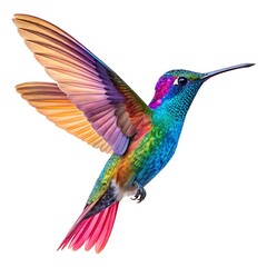 Obraz premium A vibrant hummingbird in flight featuring a stunning array of colorful feathers on white background