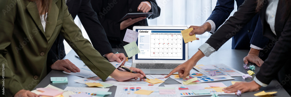 Poster analyst team use sticky note for creative and analytic brainstorm for business idea with bi data das