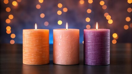 Three pillar candles in orange pink and purple glow softly against a bokeh background of warm lights