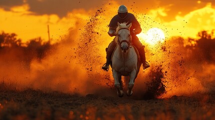 Knight on a white horse, sunset, dust