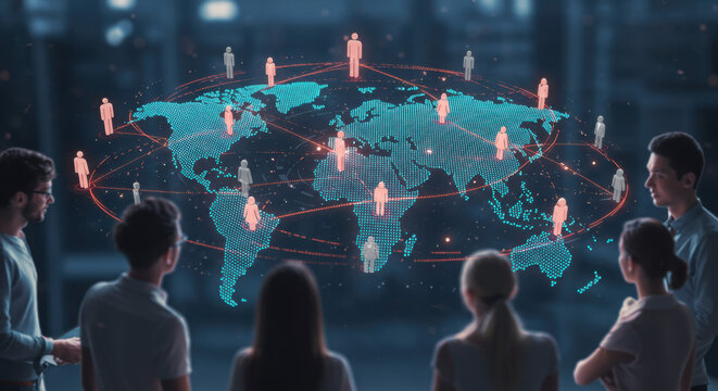 Global business network people interacting with digital world map concept - Powered by Adobe