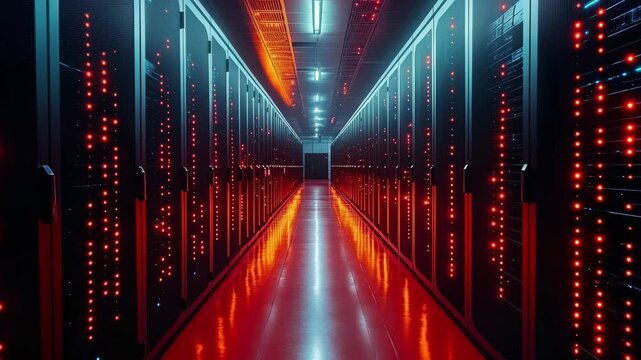 Advanced data center filled with vibrant red and blue lights highlighting server racks