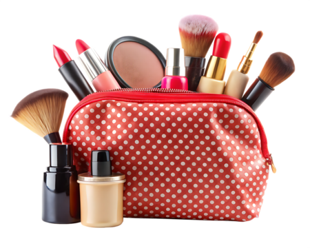 Red polka dot makeup bag overflowing with lipsticks makeup brushes and foundation bottles isolated on a transparent background