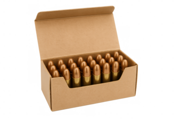 Cardboard box containing scattered 9mm ammunition rounds, presenting sharp details against transparent background with high precision