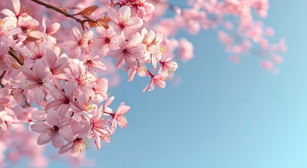 Close-up of blossoming cherry blossoms against a pastel blue sky