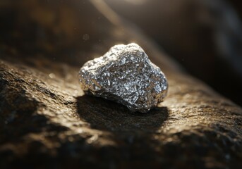 Fototapeta premium Shiny raw silver nugget resting on rough rock surface in warm directional light