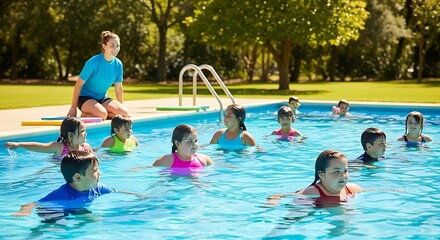 Children (some obese carriers) training in the pool